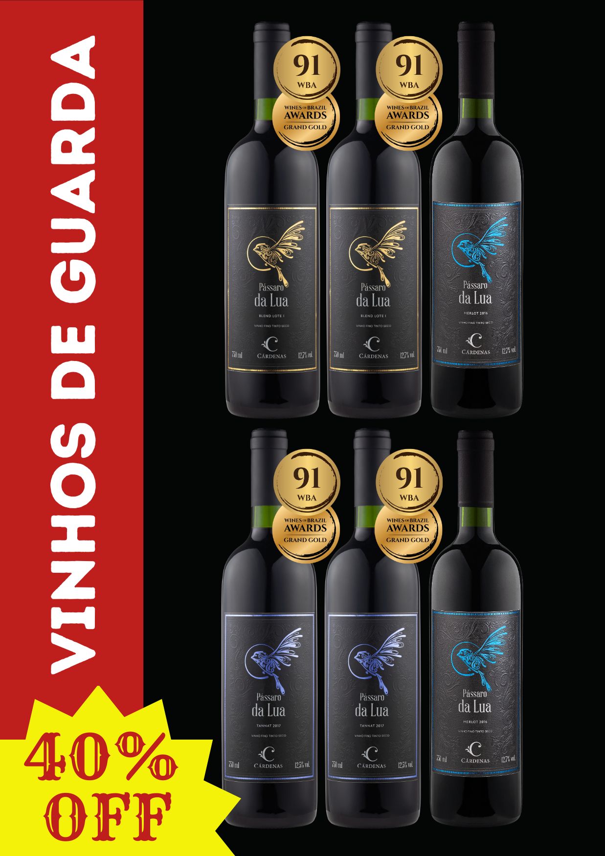 KIT PÁSSAROS - 02 MERLOT 2016 + 02 TANNAT 2017 + 02 BLEND LOTE I