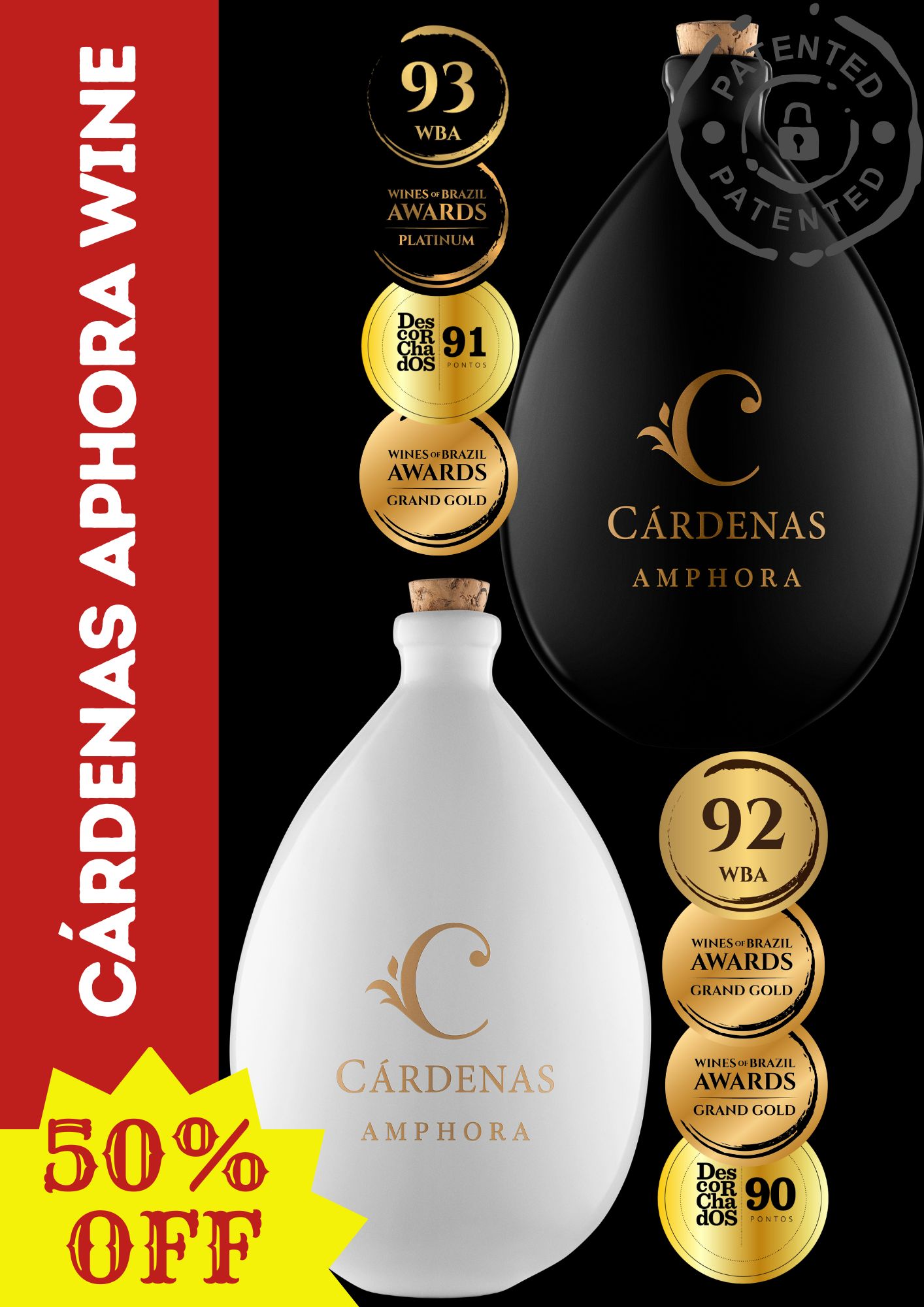 CÁRDENAS AMPHORA WINE - 01 REBO 2022 (PRETA) + 01 MERLOT 2016 (BRANCA)