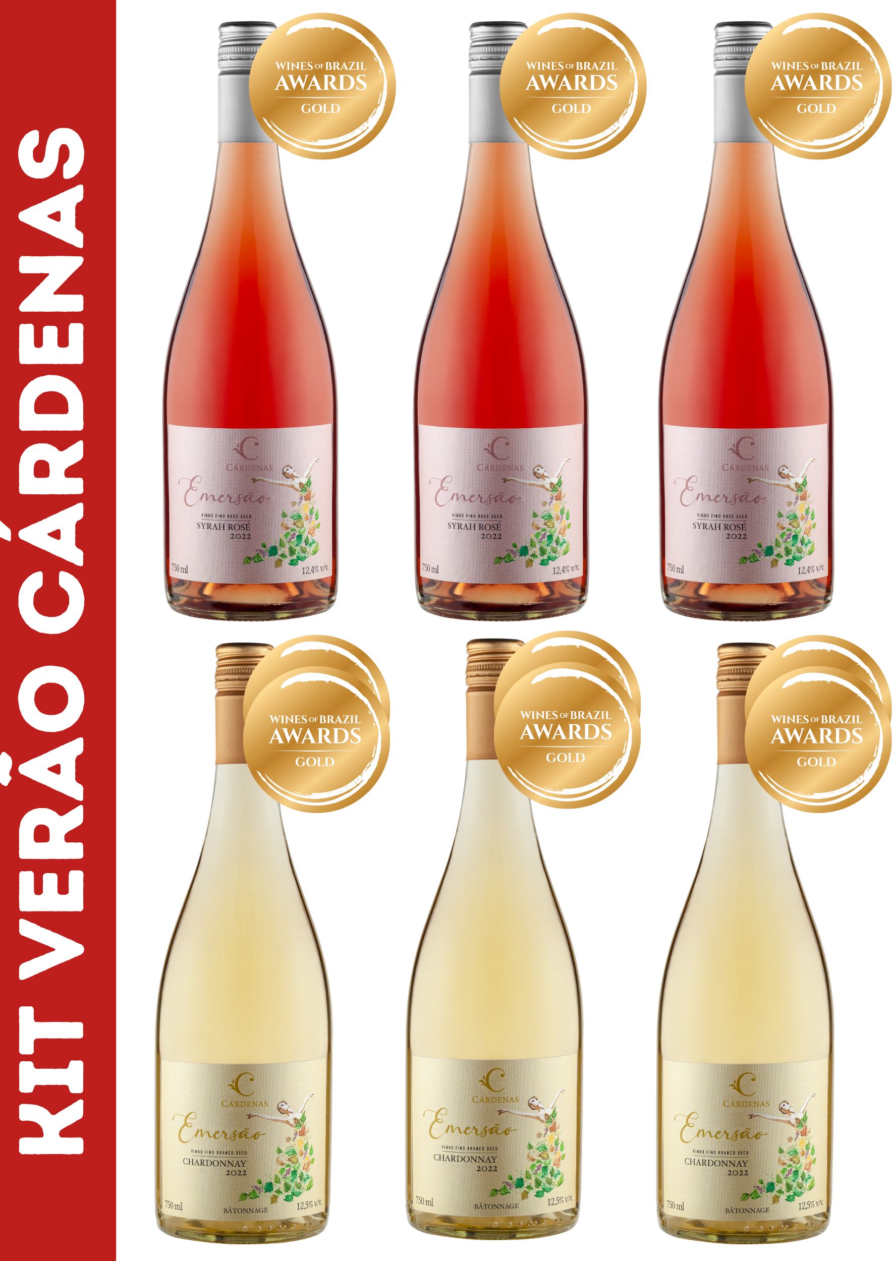 KIT VERÃO CÁRDENAS 03 - 03 EMERSÃO SYRAH ROÊ 2022 + 03 EMERSAO CHARDONNAY 2022