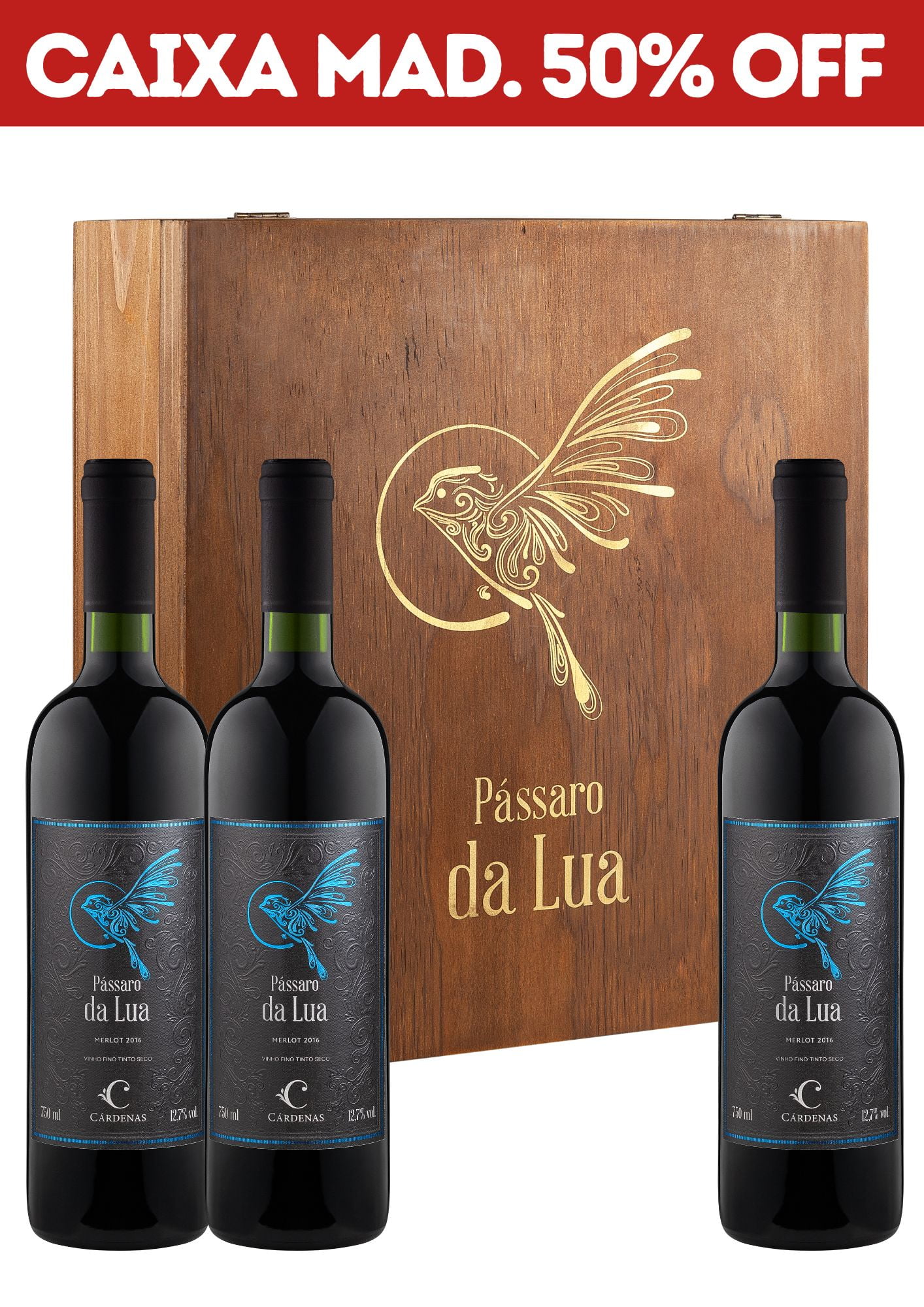 KIT 01 - 3 GRFS PÁSSARO DA LUA MERLOT 2016 + CAIXA DE MADEIRA P/ 3 GRFS (VAZIA)