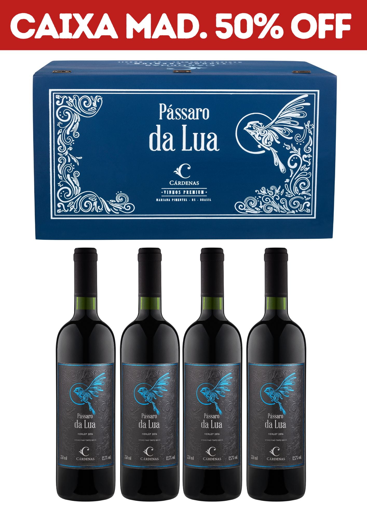 KIT 02 - 4 GRFS PÁSSARO DA LUA MERLOT 2016 + CAIXA DE MADEIRA AZUL P/ 4 GRFS (VAZIA)