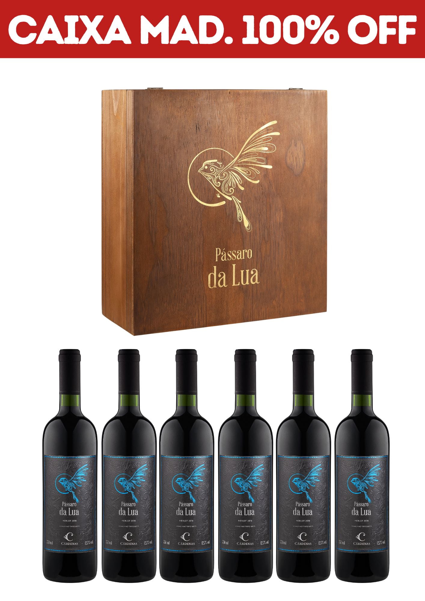 KIT 03 - 6 GRFS PÁSSARO DA LUA MERLOT 2016 + CAIXA DE MADEIRA P/ 3 GRFS (VAZIA)