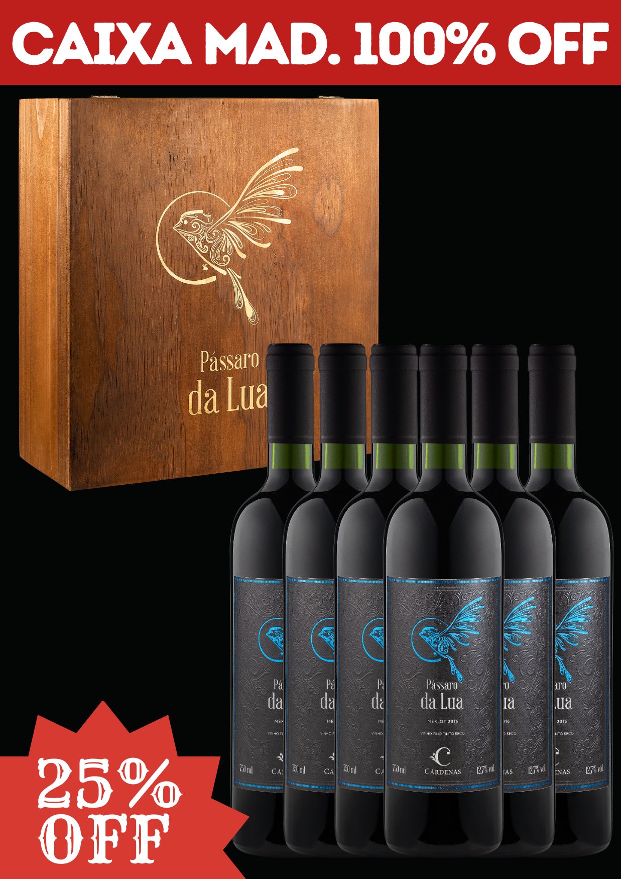 KIT 03 - 6 GRFS PÁSSARO DA LUA MERLOT 2016 + CAIXA DE MADEIRA P/ 3 GRFS (VAZIA)