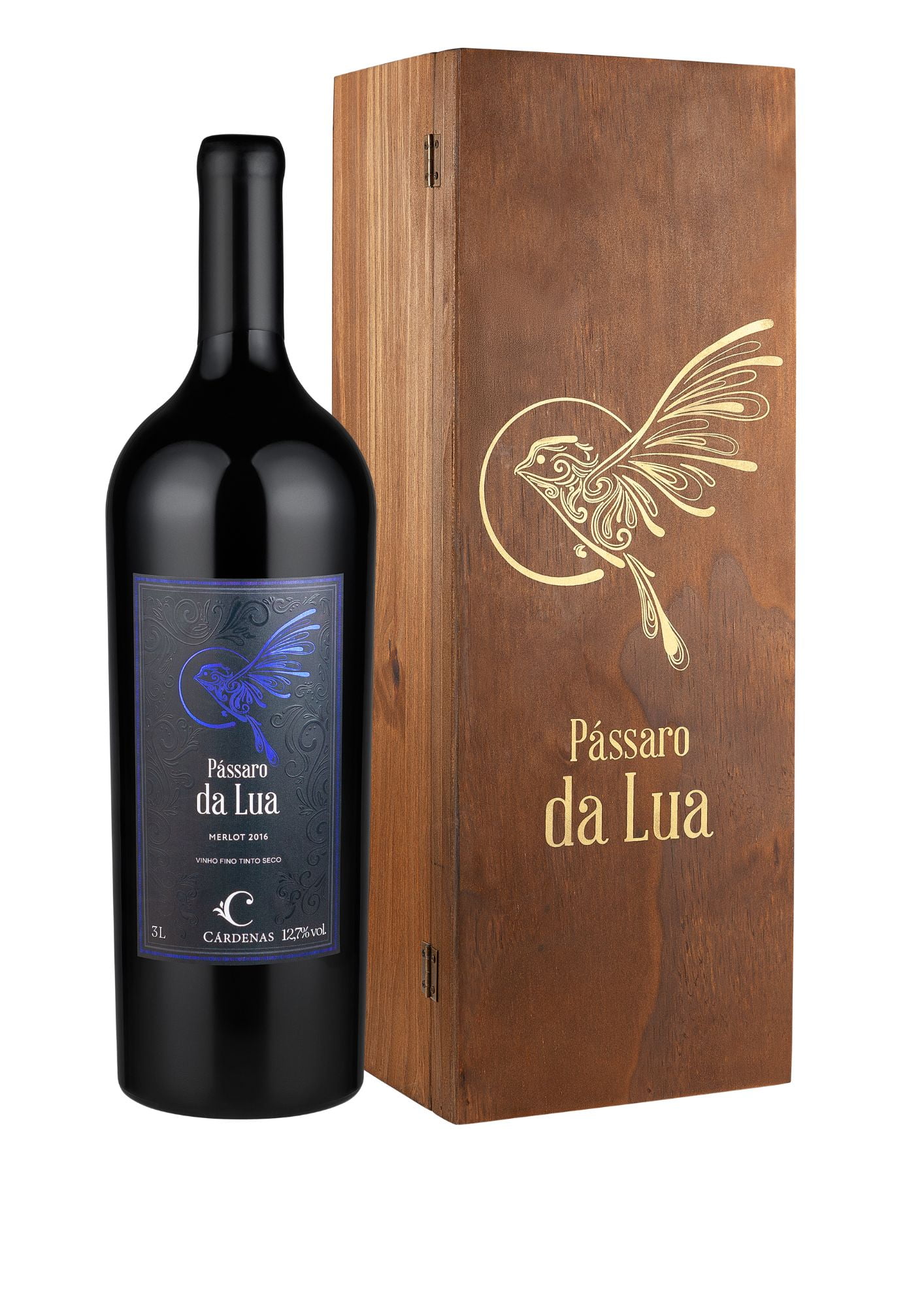 KIT 04 - PASSARO DA LUA MERLOT 2016 (3 LITROS) + CAIXA DE MADEIRA (VAZIA)