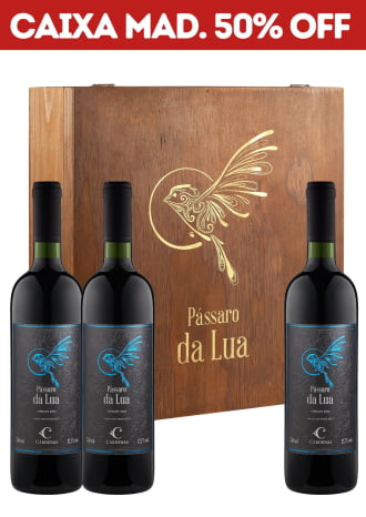 KIT 01 - 3 GRFS PÁSSARO DA LUA MERLOT 2016 + CAIXA DE MADEIRA P/ 3 GRFS (VAZIA)