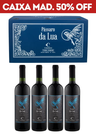 KIT 02 - 4 GRFS PÁSSARO DA LUA MERLOT 2016 + CAIXA DE MADEIRA AZUL P/ 4 GRFS (VAZIA)